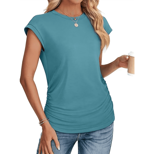 Camiseta de Corta con Cuello Redondo y Fruncido para Mujer, Color Azul Pavo Real, Talla XL