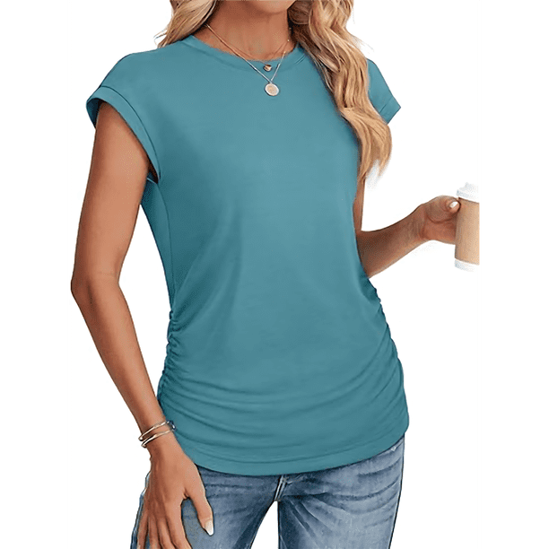 Camiseta de Corta con Cuello Redondo y Fruncido para Mujer, Color Azul Pavo Real, Talla XL