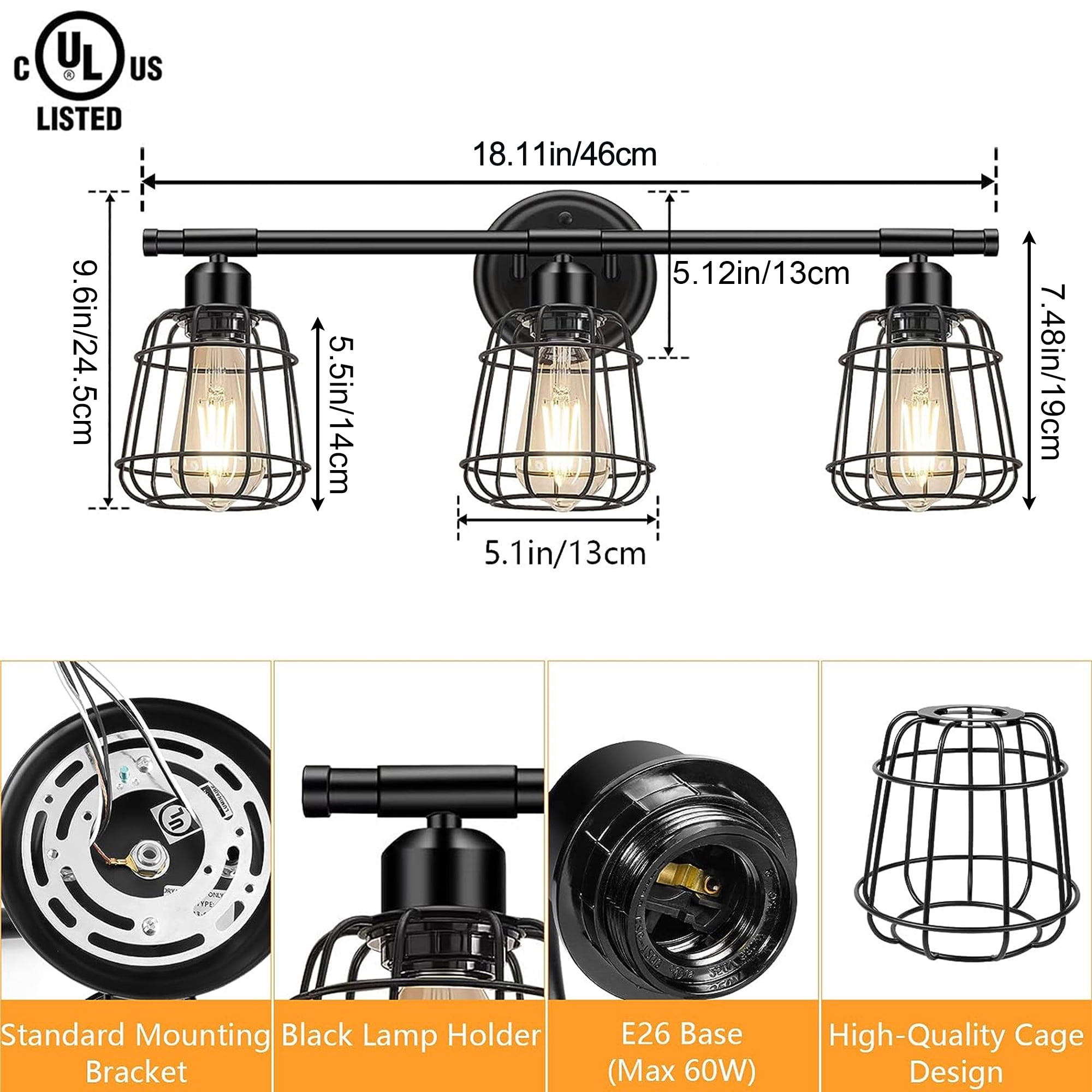 3-Light Bathroom Light Fixtures Vanity Lights with Cage Shade Matte Black Bathroom Lighting Fixtures over Mirror for Mirror Kitchen Living Room Hallway Cabinet Porch