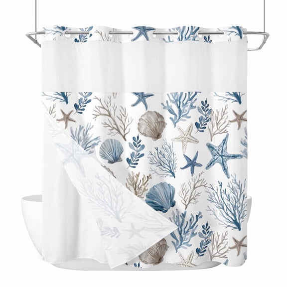 Coastal Seashells No Hook Shower Curtain with Snap in Liner, Waterproof Fabric Shower Curtains, Nautical Beach Ocean Creatures Leaves Shower Curtain Set Top See Through for Bathroom 72"x78"