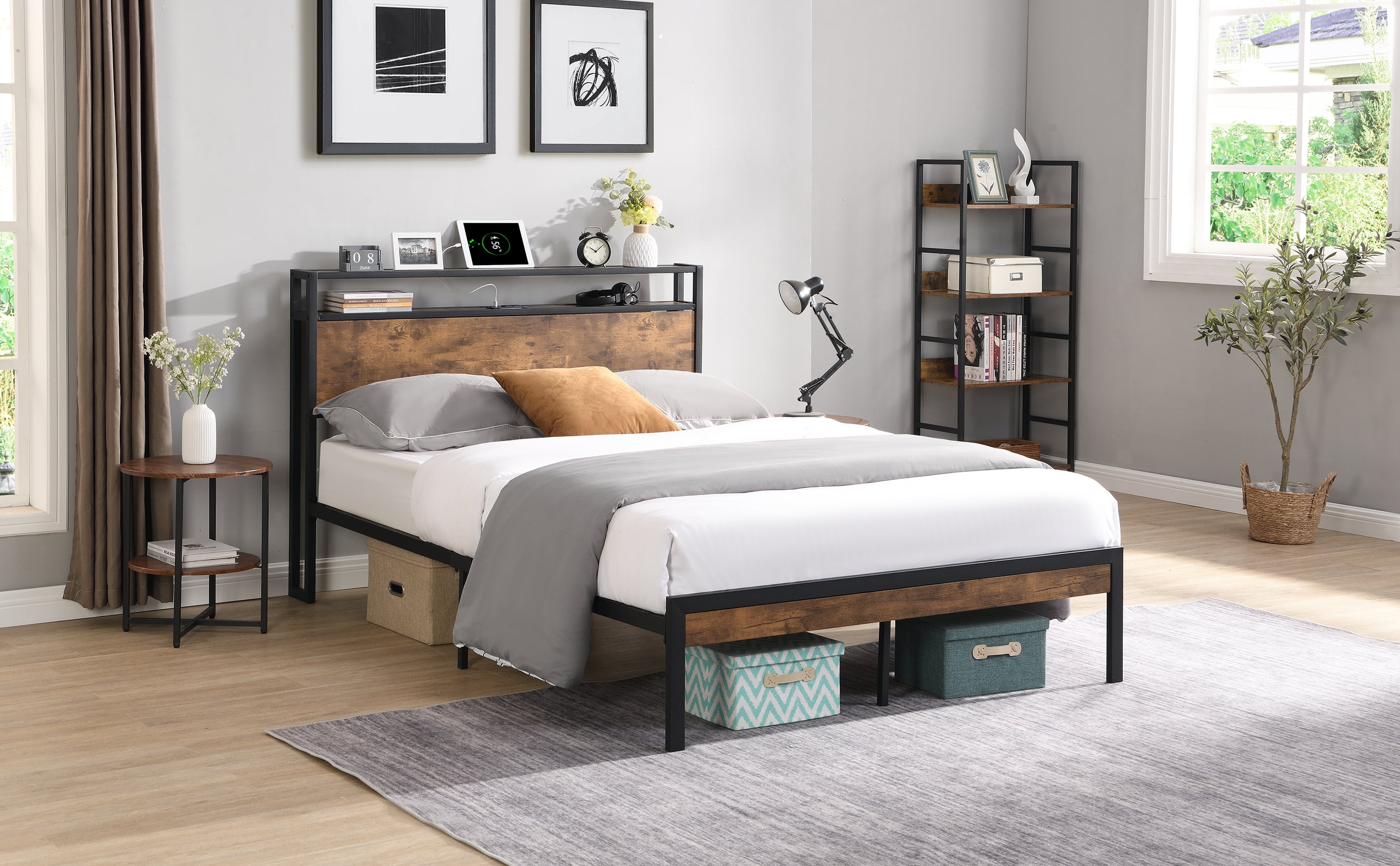 Bed Frames King Size Metal Platform Bed Frame with Wooden Headboard and Footboard with USB LINER, No Box Spring Needed, Large Under Bed Storage, Easy Assemble,Adjustable Bed Base