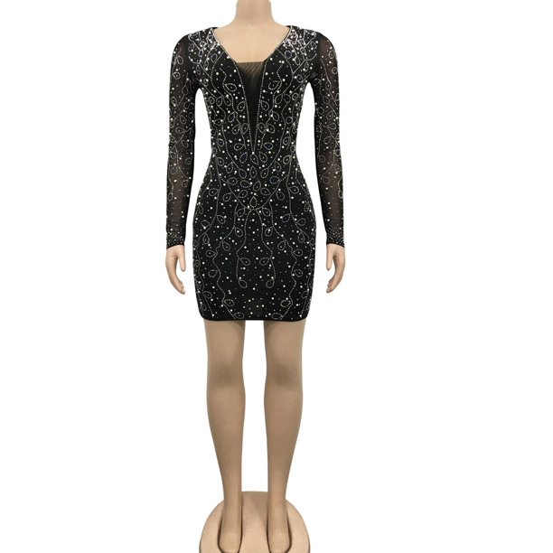 Kricesseen Sexy Long Sleeve Rhinestone Sheer Mesh Bodycon Dress Women Black See Through V Neck Birthday Clubwear Mini DressL Gao Jinjia LED