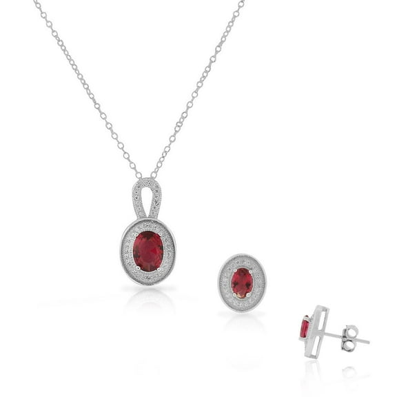 925 Sterling Silver Red Ruby-Tone CZ Oval Stud Earrings Necklace Set