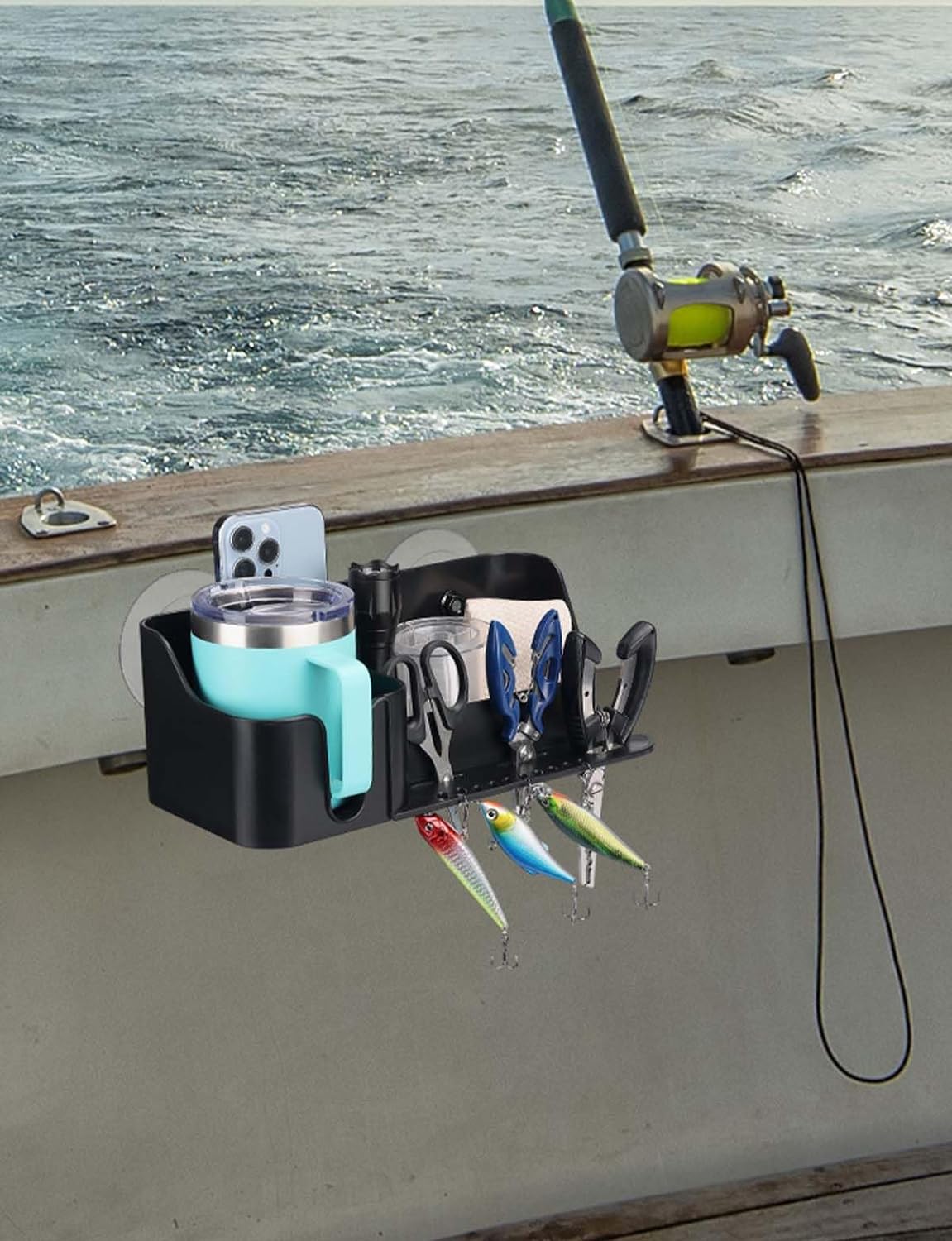 KEMIMOTO Boat Caddy Organizer, Boat Cup Holder Installed with Screws/Suction Cups On Any Flat Surface, Boat Storage Organizer, Cockpit Storage Box for Bass Boat Kayak Pontoon Jon Boat