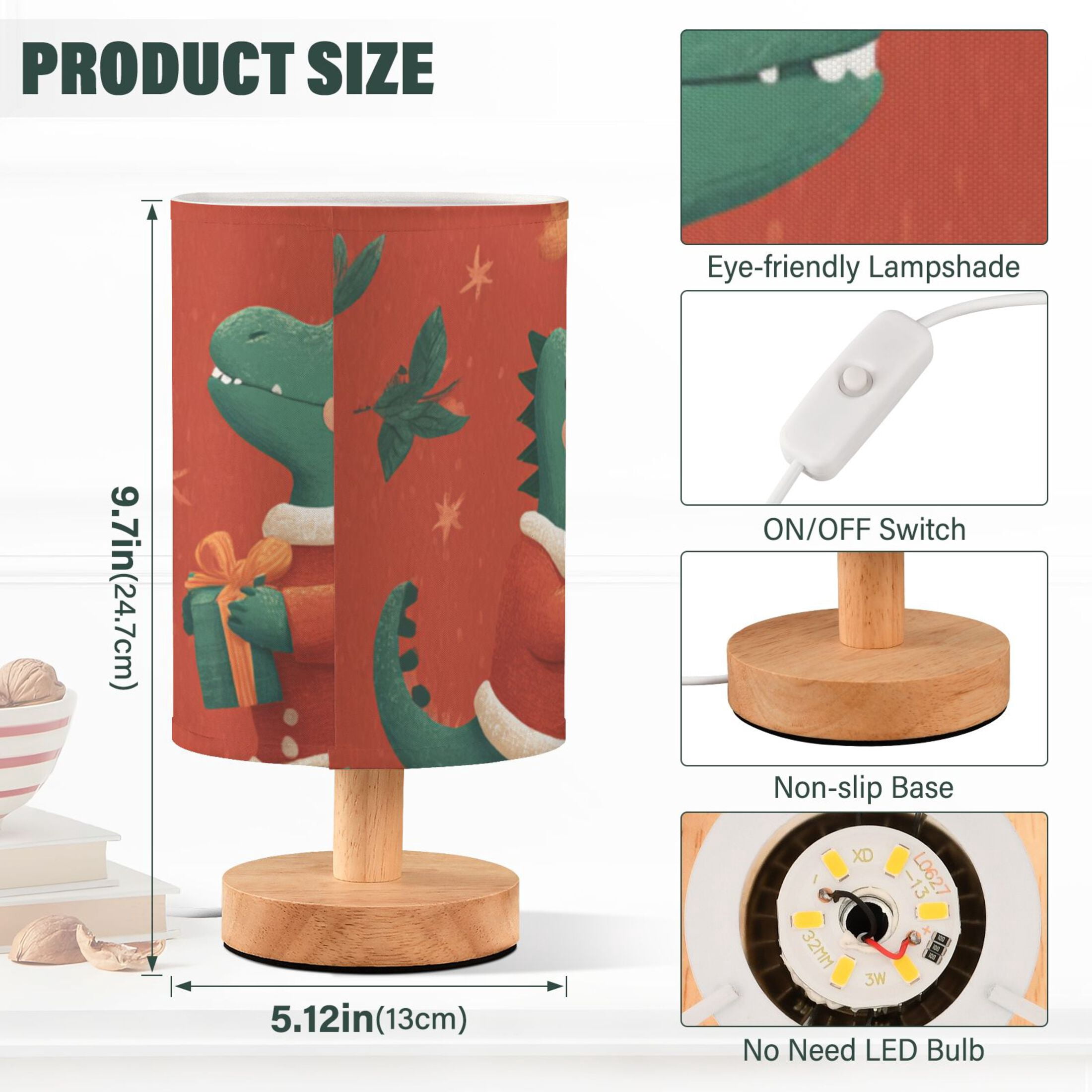 Green Dinosaur Dress in Christmas with Gift Table Lamp with USB Port LED Warm Light Lamp Night Light Home Decor