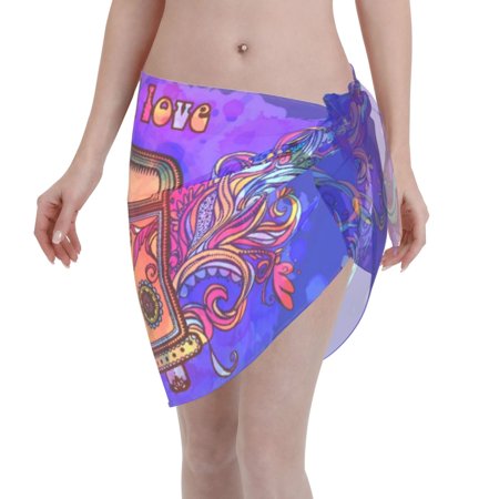 Adobk Women Beach Sarong Bathing Suit Peace And Love Print Wrap Skirt Sheer Bikini Swimsuit Cover Ups For Swimwear