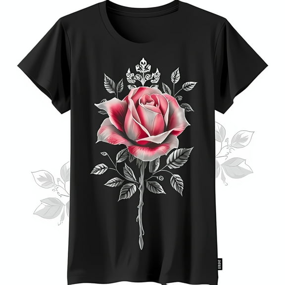 Classic Black T-Shirt with Stunning Red Rose Print Detailed Floral Design