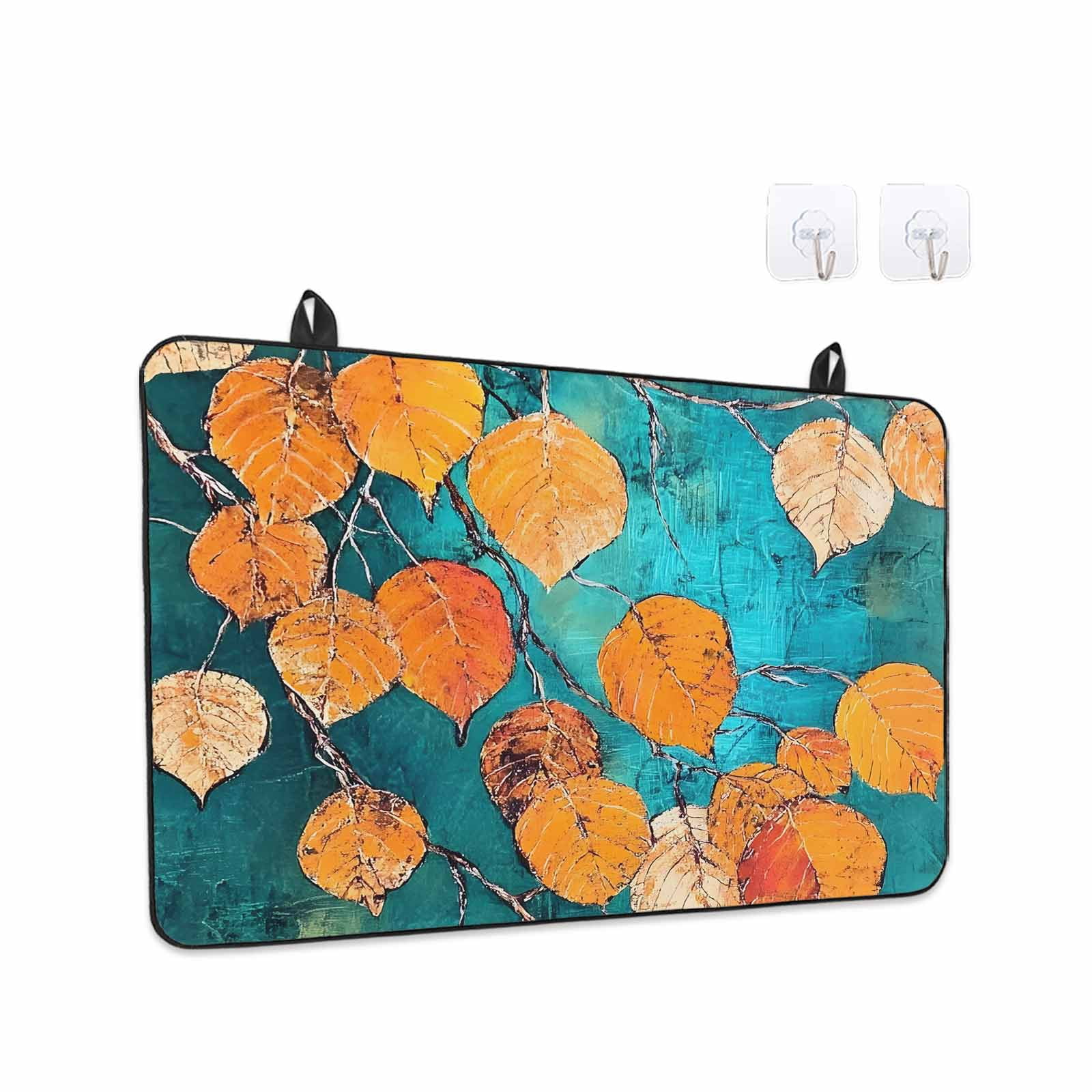 Orange Leaf Stove Top Cover for Electric Stove, Heat-proof & Non Slip Glass Top Stove Cover Protector, Abstract Oil Painting Branch Turquoise Kitchen Flat Cooktop Rubber Mat 24x21 Inches