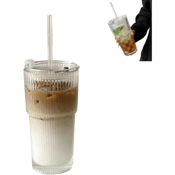 Skinuretic Glass Tumbler, 19oz Ribbed Glass Tumblers with Lids and Straws, Aesthetic Spill Proof Thick Glass Cup, Large Capacity, Stylish Design for Home Office