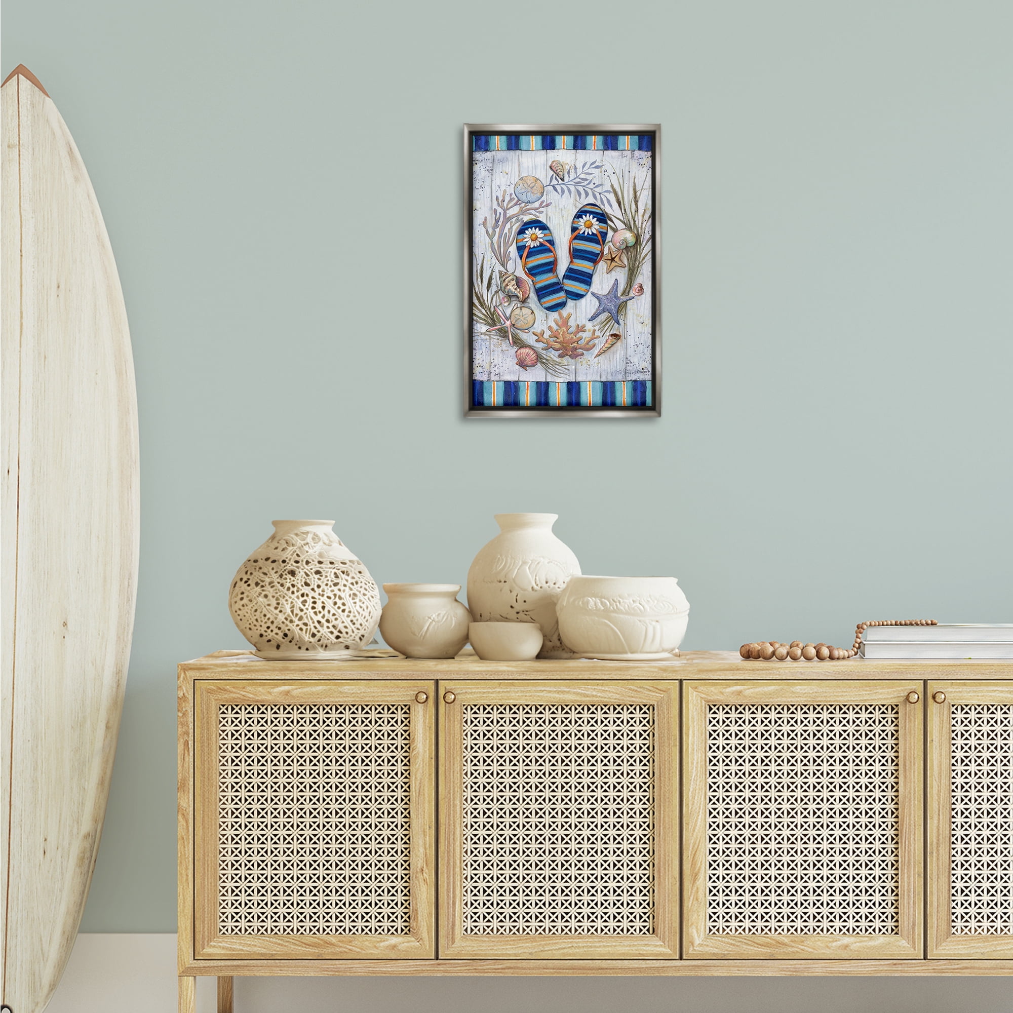 Stupell Industries Coastal Wreath & Flip Flops Nautical & Beach Painting Gray Floater Framed Canvas Art Print Wall Art, 17 x 25