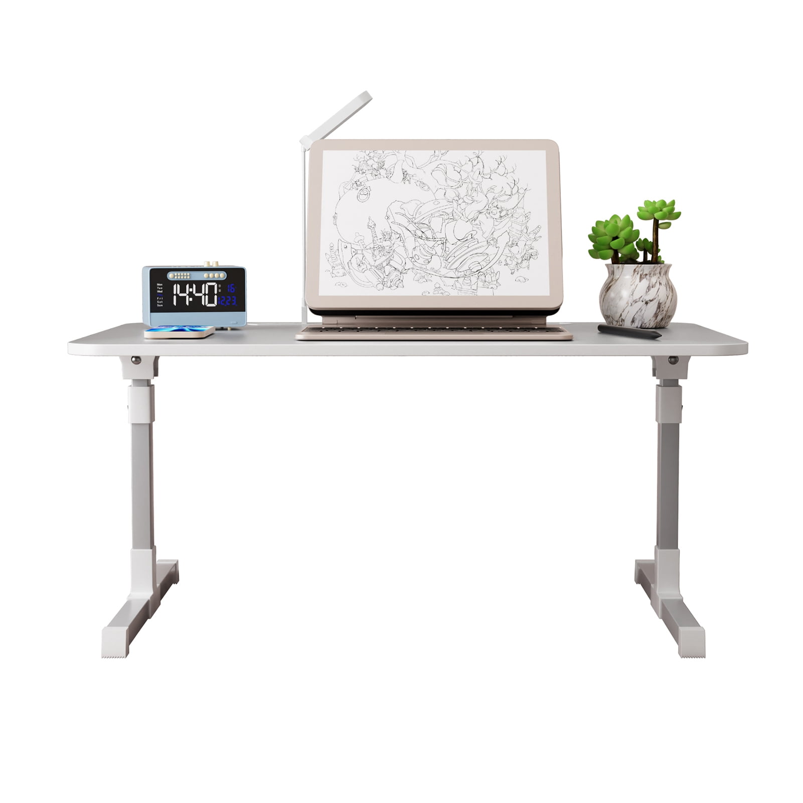 5-Height Adjustable Bed Table with LED Light & Fan, Foldable Laptop Desk 23.6x15.7 Inch, Multi-Function Bed Tray with Storage Drawer