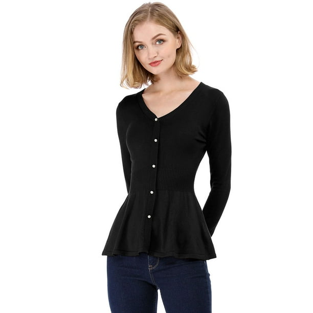 Allegra K Top de peplum de punto Jersey Acanalado de manga larga con Cuello En V para Mujer Negro XS