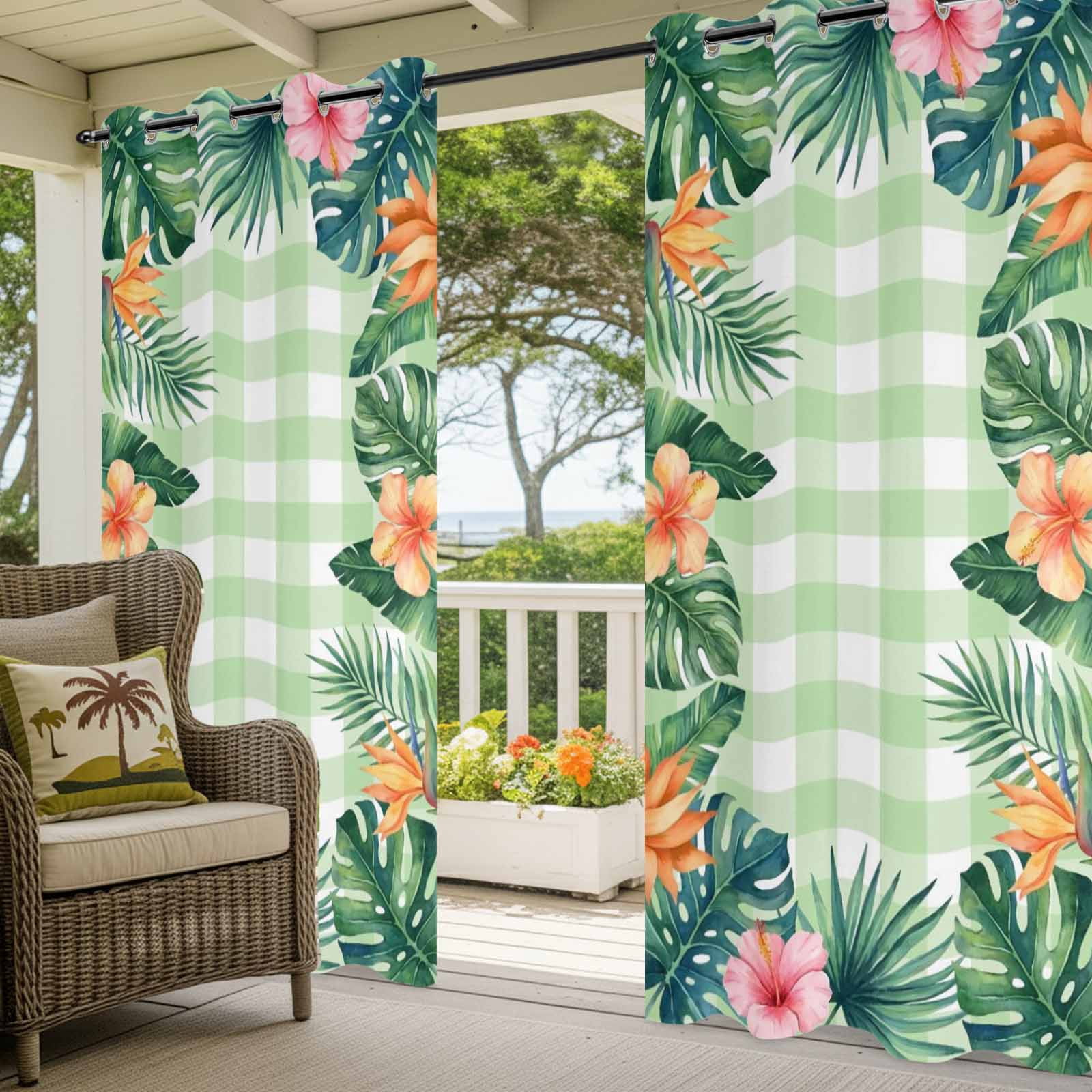 Summer Tropical Leaf Outdoor Curtains for Patio, Country Forest Green Leaf Pink Flower Green Plaid Sunshade Privacy Drapes Grommet Waterproof Outside Curtains for Porch Balcony 54"x108", 1 Panel