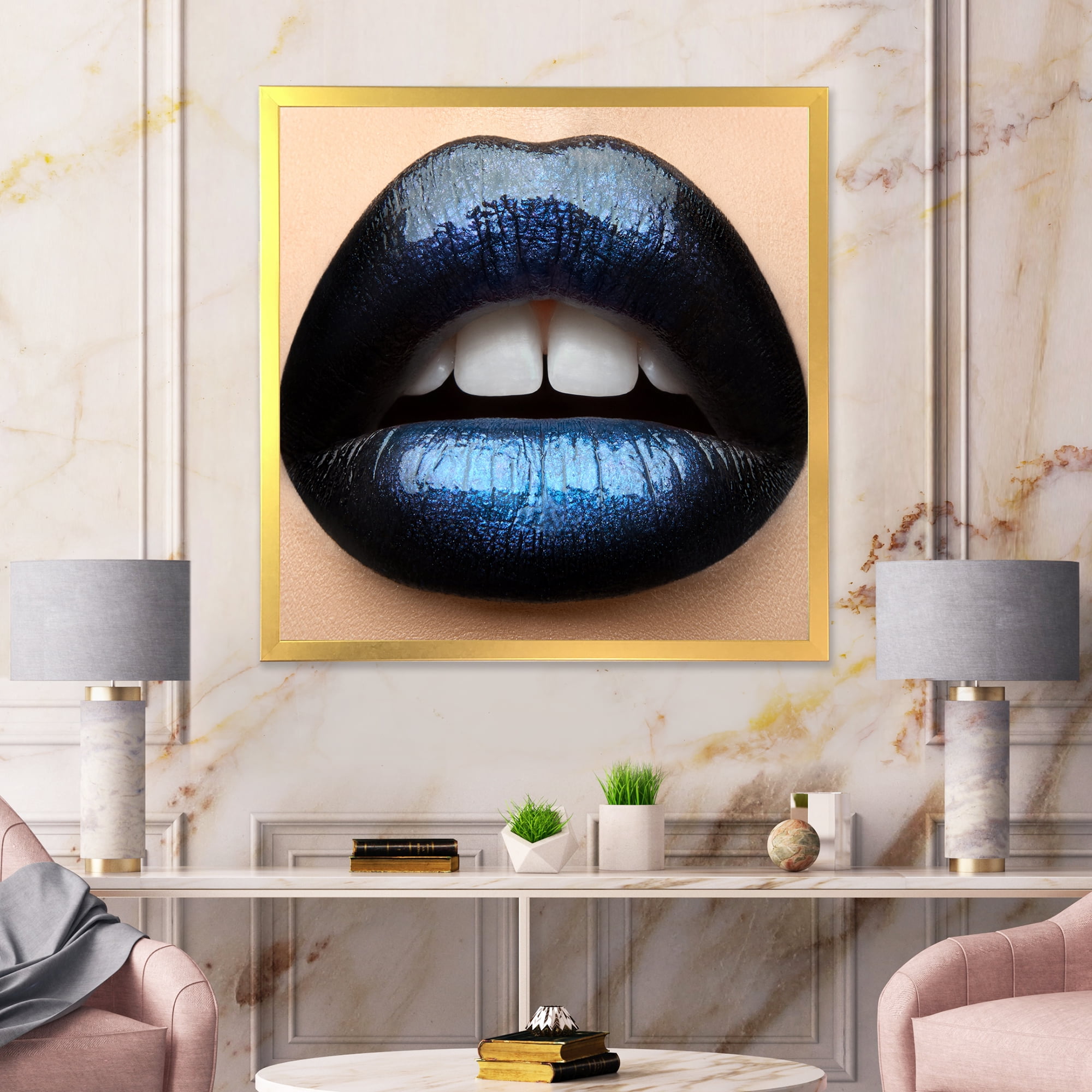 Designart 'Girl Lips With Black and Blue Lipstick' Modern Framed Art Print