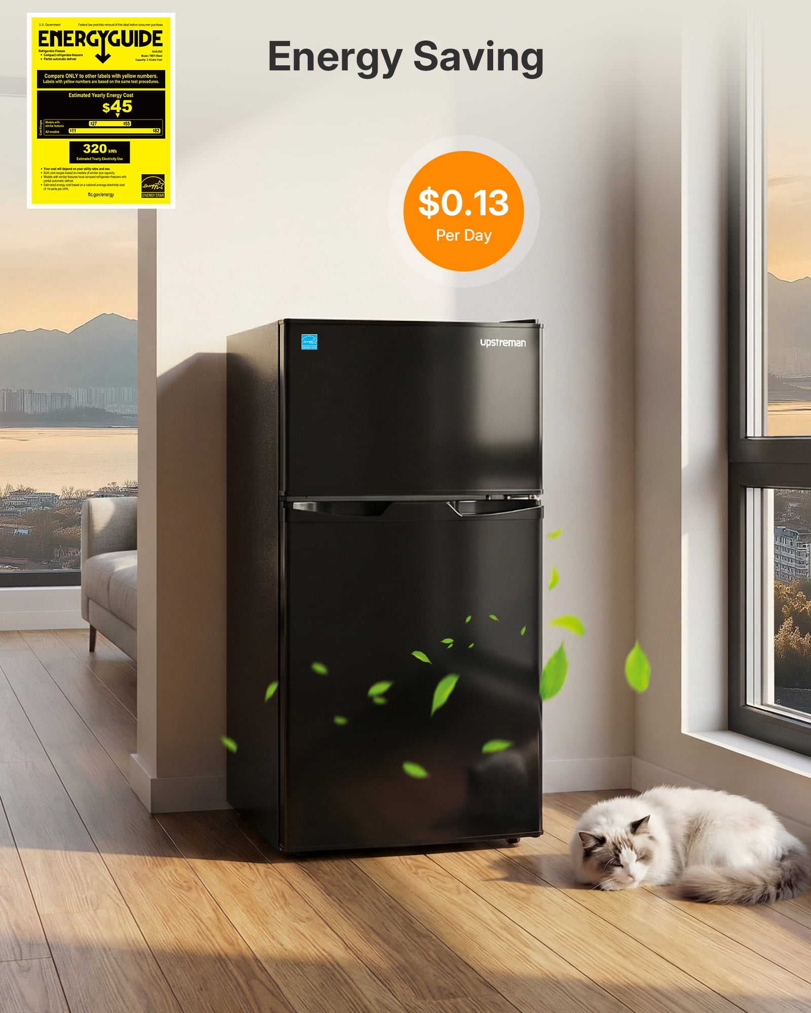 Upstreman 3.1 Cu. Ft Compact Refrigerator with Freezer, Double Door Mini Fridge Cooler Small Refrigerator, Adjustable Thermostat, Energy Star, Low Noise, Black TM31