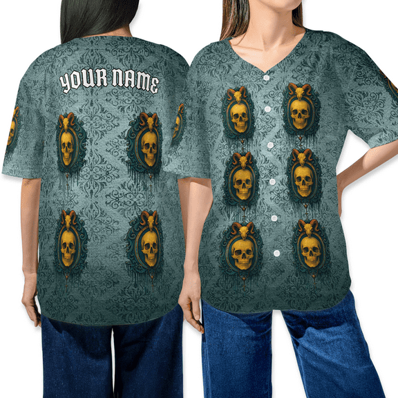 Personalized Gothic Skull Baseball Jersey – Vintage Halloween Skeleton Shirt – Custom Name Unisex Button Up – Haunted Mansion Inspired Horror Outfit