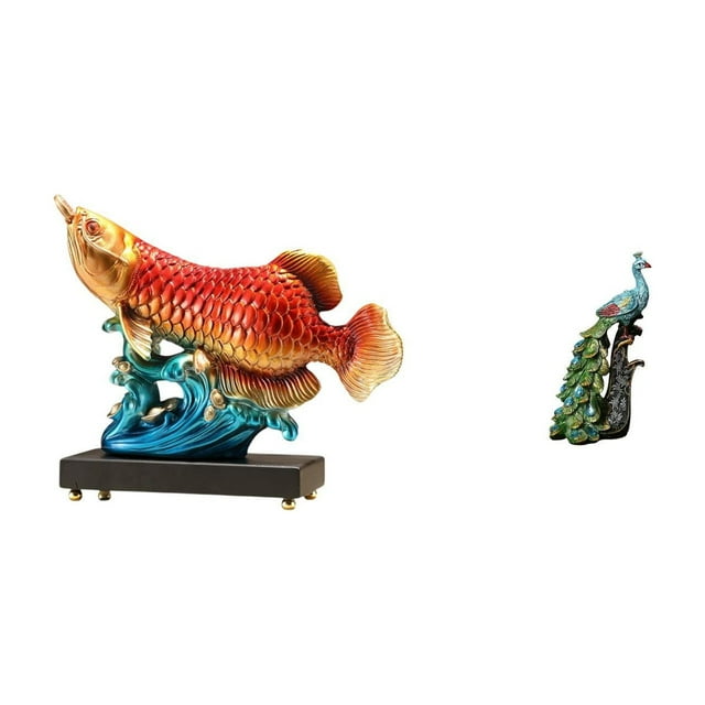 Adorno De Mesa De Resina Con Forma De Pavo Real Y Arowana. Elegante Escultura De Prosperidad. Figura Decorativa Para Entrada, Dormitorio, Oficina, Sala De Estar Y Decoración Del Hogar.