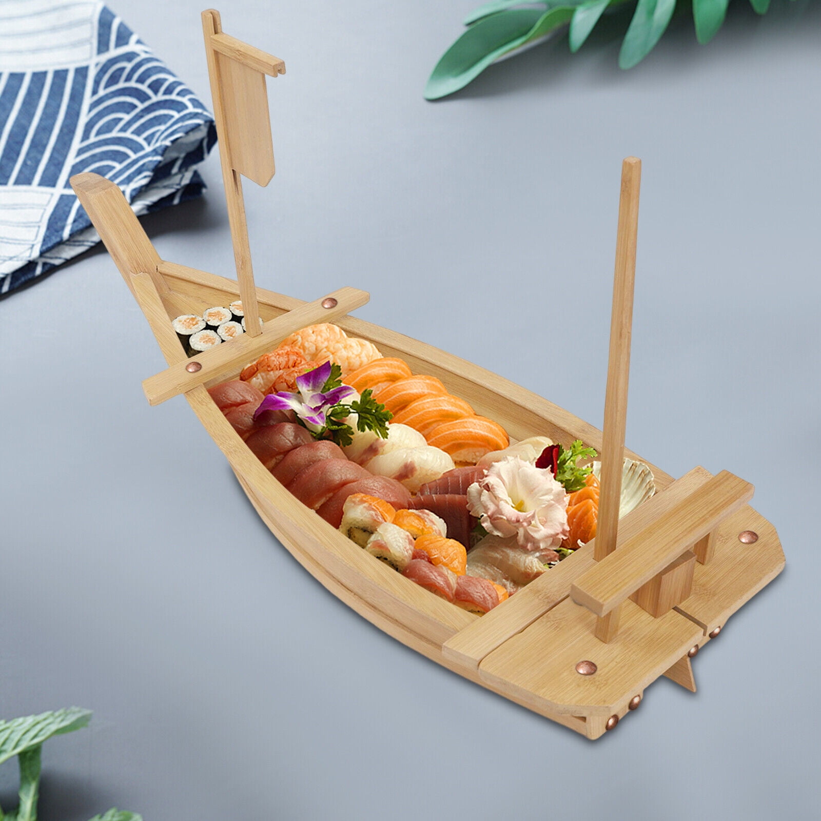 Miumaeov Bamboo Sushi Plate Boat Shaped Dish Japanese Style Snack Tray