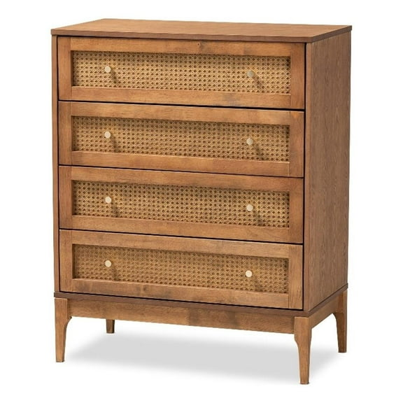 Bowery Hill Ash Walnut Finished Wood and Rattan 4-Drawer Chest