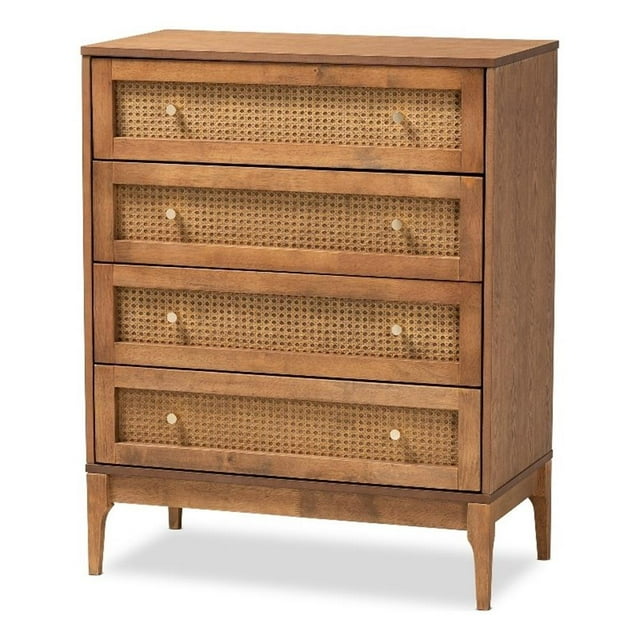Bowery Hill Commode à 4 Tiroirs en Bois Fini Noyer Frêne et Rotin