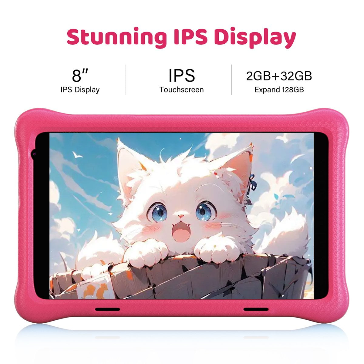 BESTSKI 8'' Kids Tablet, Android 12, 2GB RAM, 32GB Storage, IPS HD Touchscreen, Silicone Case, Pink