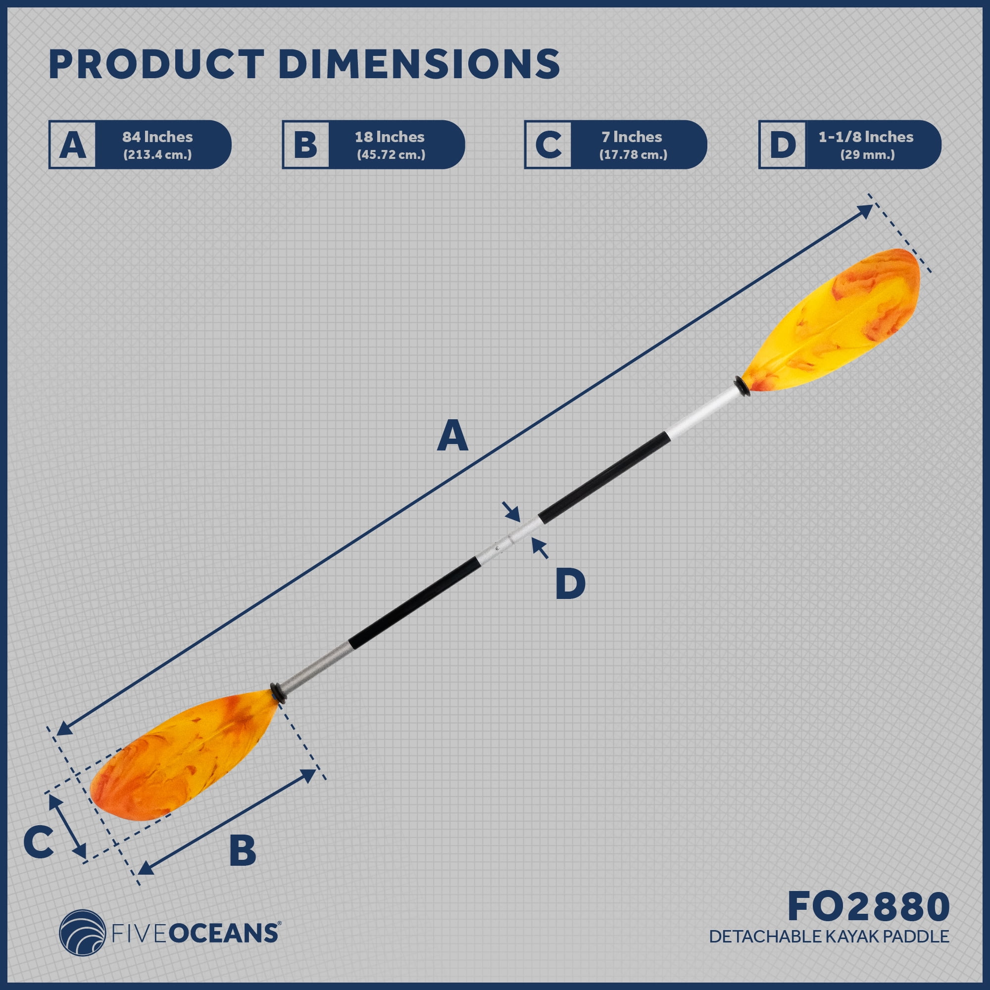 Five Oceans Kayak Paddles, 84" - 7ft Kayak Fishing Paddle, Detachable Heavy-Duty Aluminum Shaft, Reinforced Fiberglass Blades, 2-Piece Snap-Button, Lightweight Paddle Design for all Kayaks - FO2880