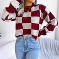 thumbnail image 5 of XMMSWDLA Women'S Color Block Checkered Crew Neck Long Sleeve Plaid Knitted Pullover Sweater Tops Vintage Preppy Style Knitwear Wine Knit Sweater for Women, 5 of 8