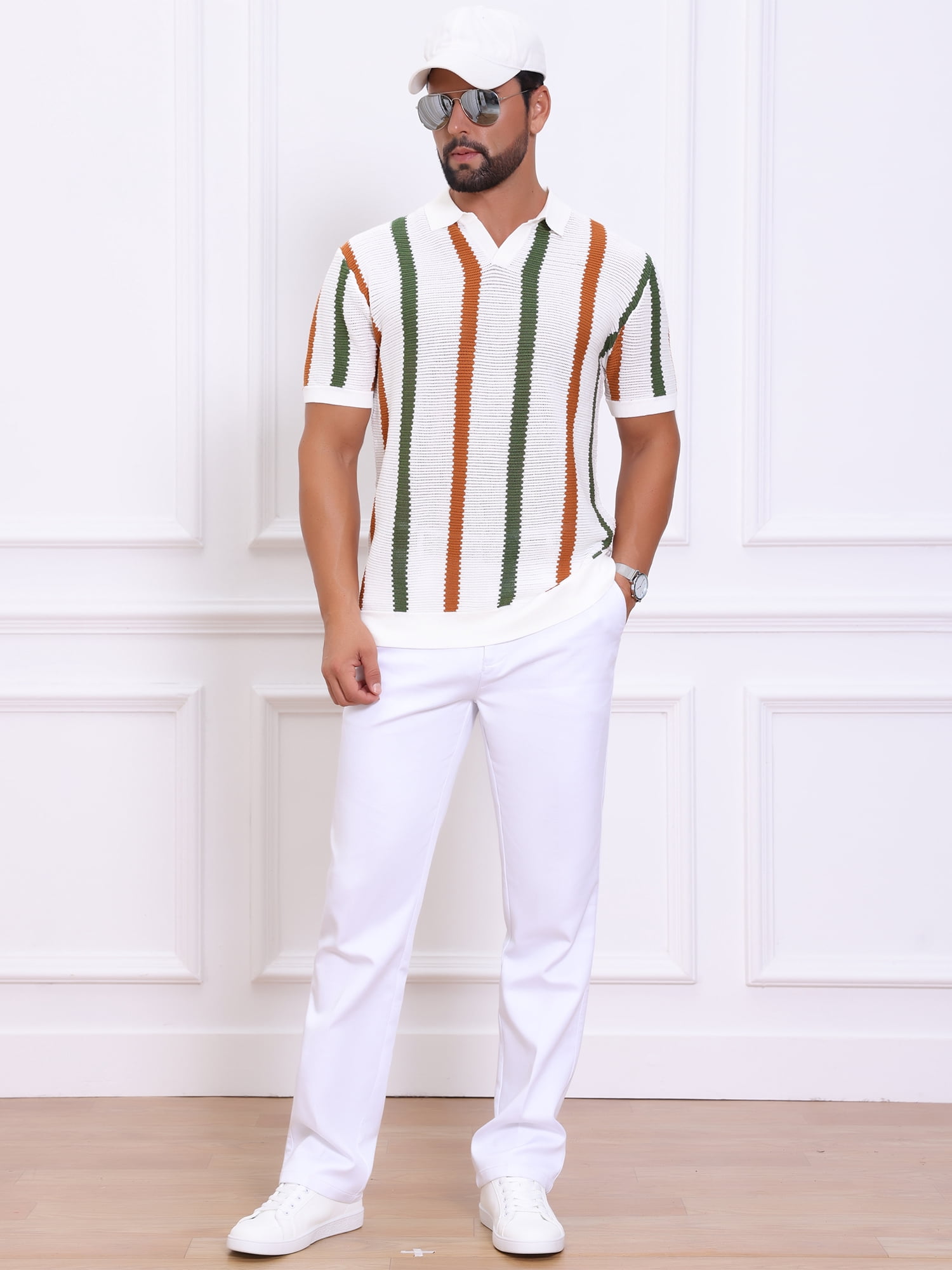 DARING DIVA Men's Hollow Knit Polo Shirt V Neck Short Sleeve Golf Polo Shirts 2XL White