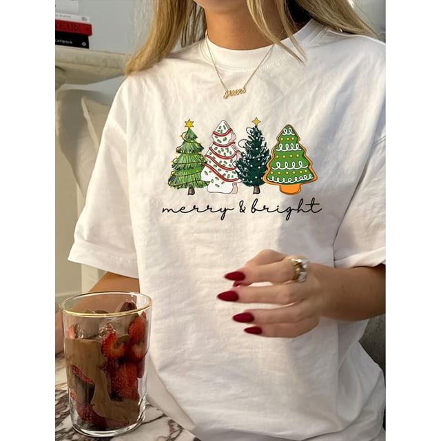 Camiseta navideña vintage con estampado de árbol de Navidad para mujer. Cuello redondo, manga corta, algodón, lavable a máquina. Diseño festivo, guirnalda navideña. Camiseta deportiva informal.