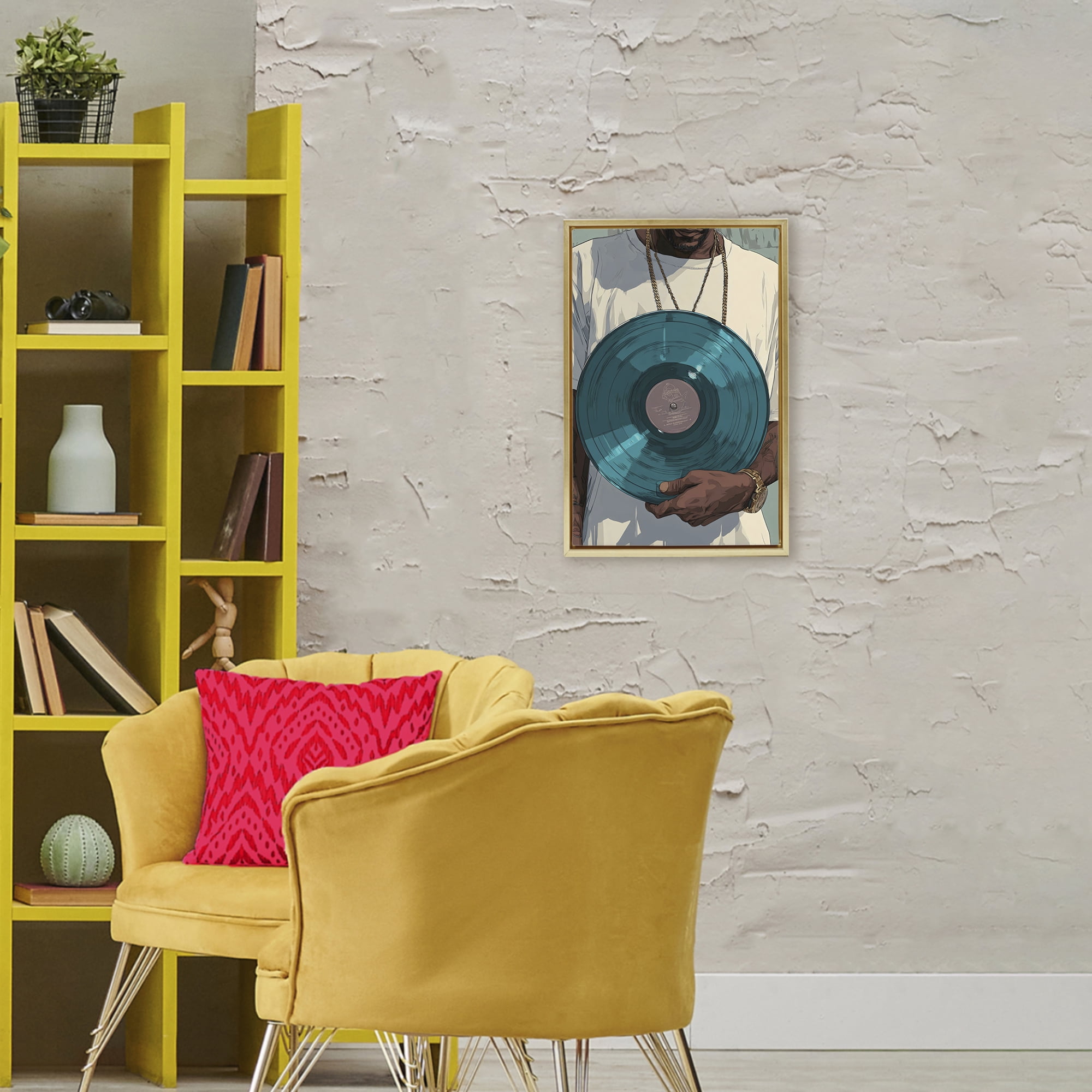 Stupell Industries Musician & Blue Music Record Gold Framed Floater Canvas Wall Art, design by Franklyn Gregory