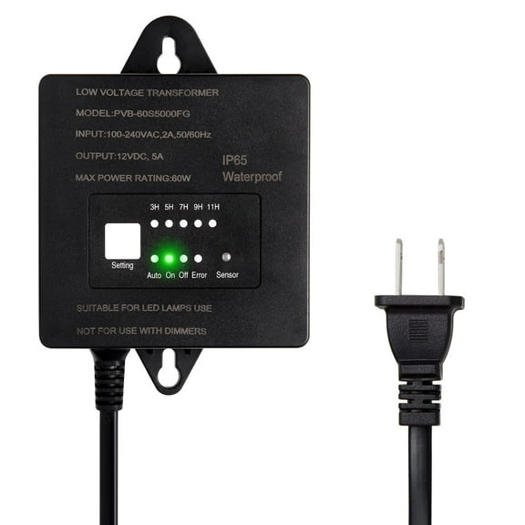 60W Low Voltage Transformer with Timer and Photocell Sensor, 120V AC to 12V DC, IP65 Waterproof, Supply for LED Landscape Light, Outdoor Spotlight, Pathway Light,Garden Light