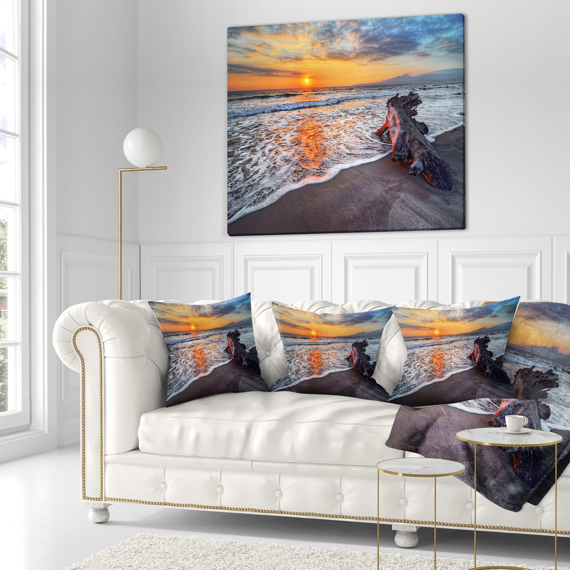 Designart Fantastic Sandy Shore at Sunset - Seashore Throw Pillow - 18x18