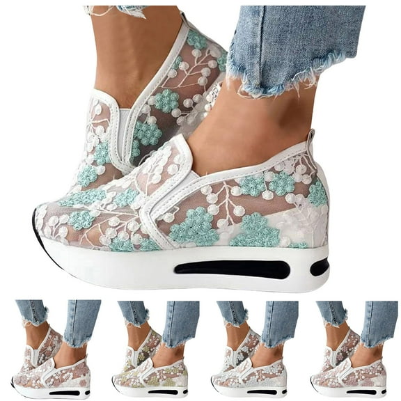 Modisza Fashion Sneakers for Women 2025 Floral Embroidery Mesh Lace Platform Wedge Dressy Casual Walking Slip on Shoes Blue 6