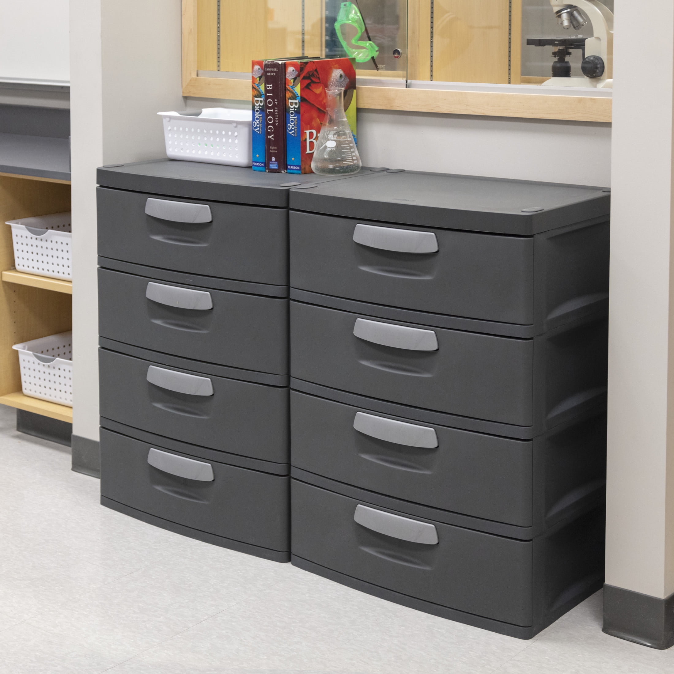 (2 pack) Sterilite 4 Drawer Unit, Durable Plastic Storage Solution for Garages and Basements, Dark Gray