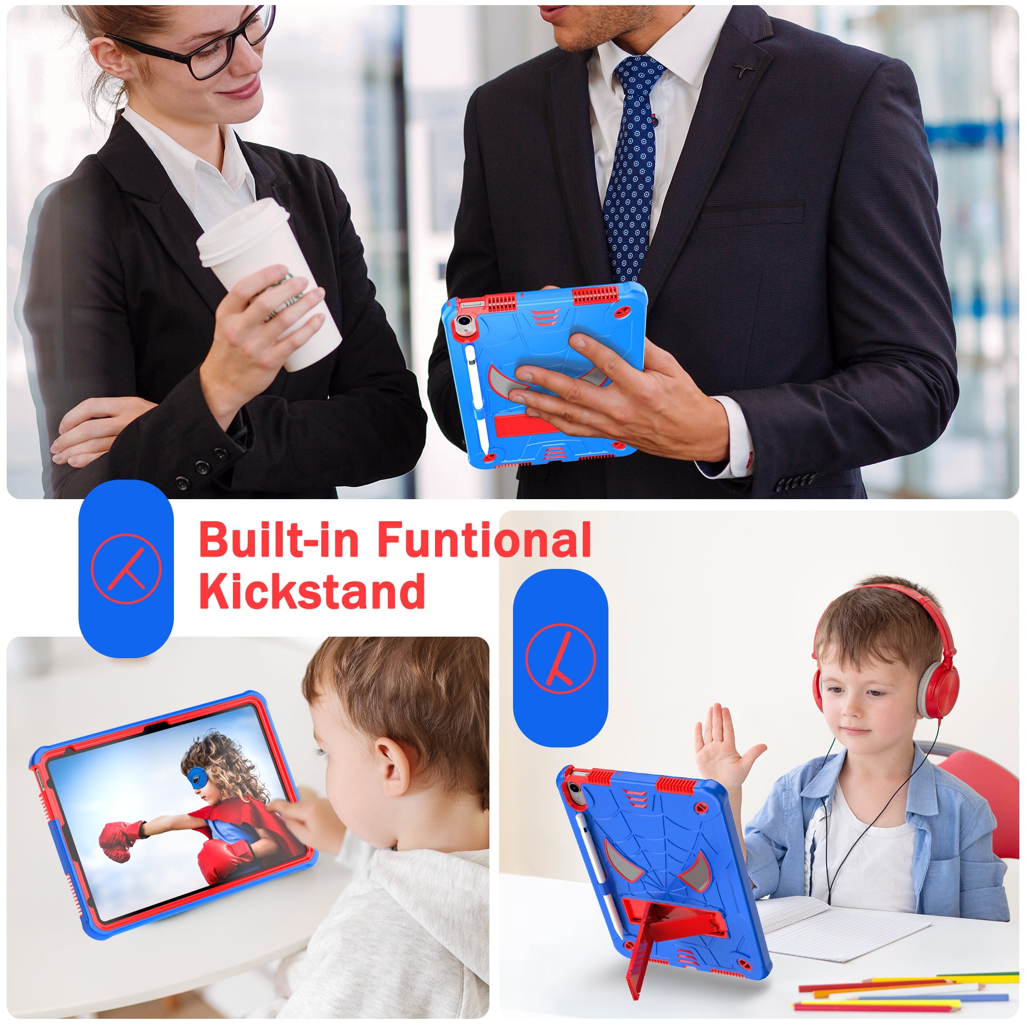 Rugged Shockproof Protective Case for Apple iPad A16 11th Gen 11" 2025 & iPad 10th Gen 10.9" - Heavy Duty 3-Layer Armor, Built-in Kickstand, Shoulder Strap, Pencil Holder, Shock Absorption,Blue+Red