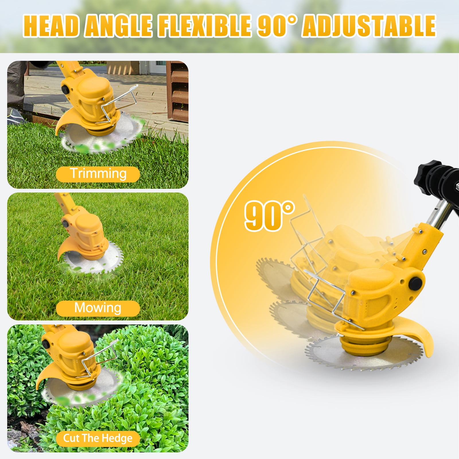 Also go 24V 3-in-1 Cordless Weed Wacker,11,000RPM, Electric String Trimmer with 2*2.0Ah Batteries,Adjustable Cutting Angle & Height for Lawn,Yellow