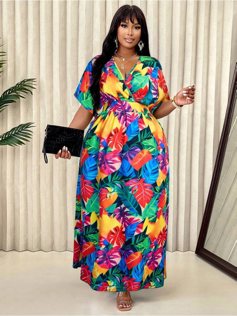plus size maxi summer dresses canada /// Multicolor Plus Size Women V-Neck Wrap Maxi Dress With Vibrant Tropical Leaf Print Casual Summer Dress, Women's, Size: 1XL