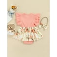 thumbnail image 5 of Infant Baby Girls Summer Romper, Ruffled Fly Sleeve Floral Printed Dress-Like Patchwork Bodysuit+Bow Headband, 5 of 9