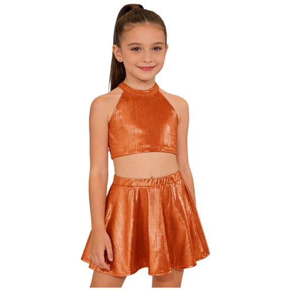 Doomiva Kids Cheer Outfit Hip Hop Dance Sets Shiny Skirt And Top Set for Cheerleading Competitions Performance Orange 6-10