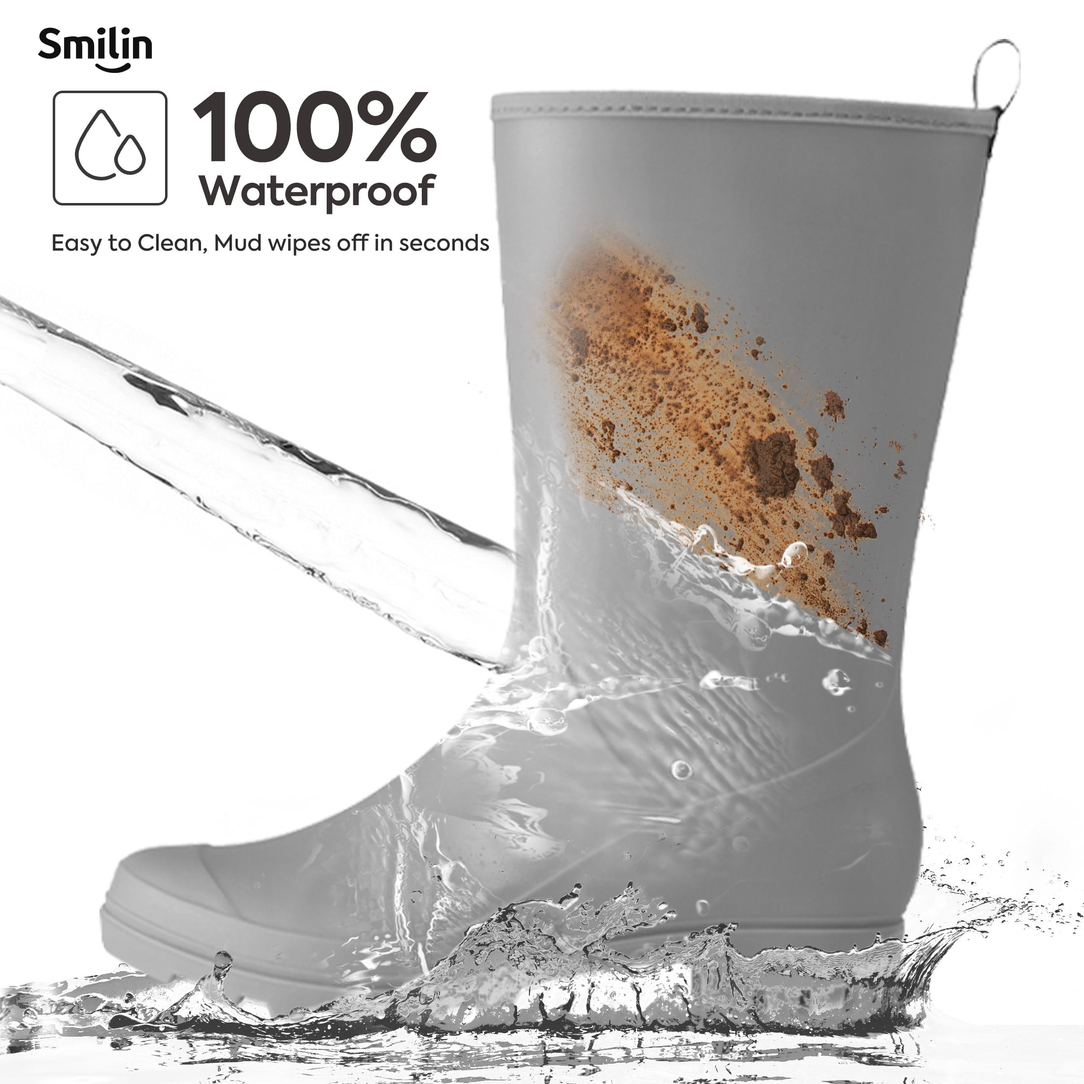 SMILIN Rubber Wide Calf Rain Boots for Women, Grey, Size 9