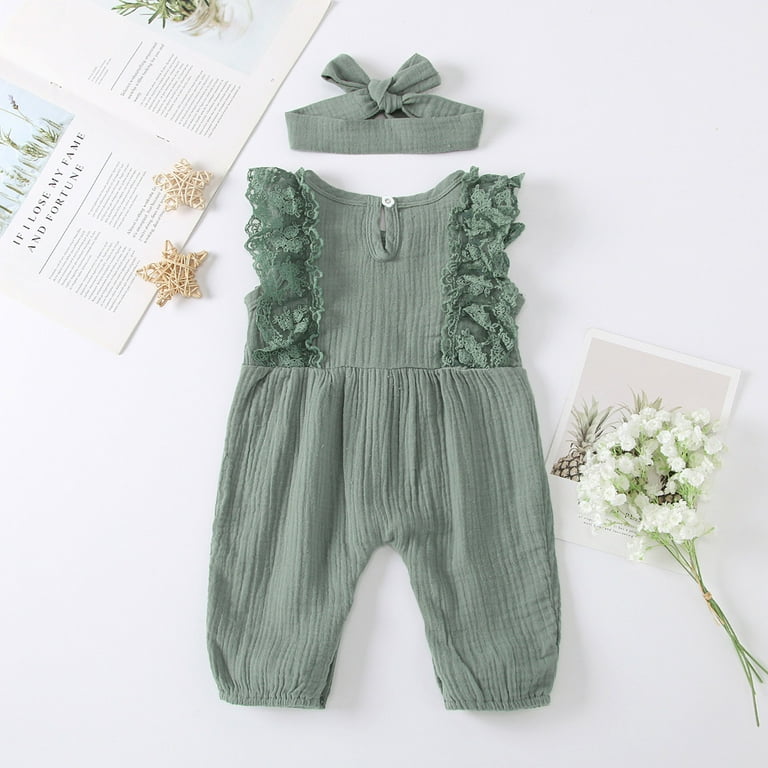 Mikilon Newborn Infant Baby Girl Cotton Linen Romper Lace