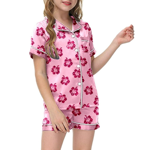 FhsagQ Tenues pour Filles Ensembles de Pyjamas 2 Pcs pour Enfants Imprimé Graphique Manches Courtes Chemise à Boutons Shorts Ensemble de Pyjama Filles Tout-Petits Tenues de Printemps 5T-6T Printemps 6-7 Ans