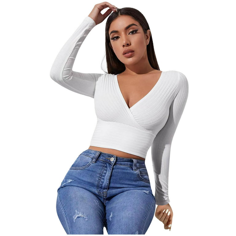 XFLWAM Women's Wrap V Neck Long Sleeve Crop Top Solid Color Rib Knit Slim  Sexy T-Shirt Blouse White L