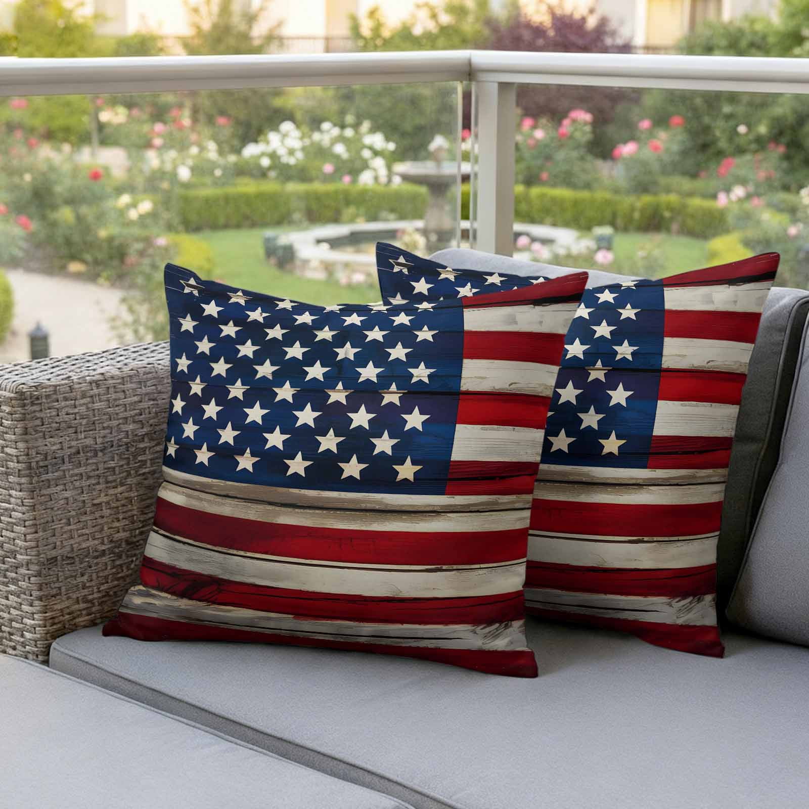 Independence Day Pillow Covers 2 Pack Retro American Flag Blue Star Red White Stripe Wood Pillowcase Waterproof Outdoor Throw Pillow Cover for Patio Garden Square Cushion 18”x18”