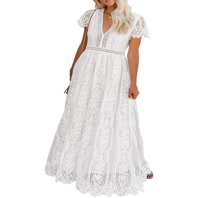 Robe en Dentelle Col en V pour Femmes Manches Courtes Dentelle Florale Robe de Mariée Demoiselle d'Honneur Cocktail Fête Robe Maxi