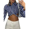 thumbnail image 2 of hirigin Women's Long Sleeve Crop Tops, Plaid Pattern Turn-Down Collar Button-Down Hollow Out Short Shirt, Casual Simple Tops, 2 of 9