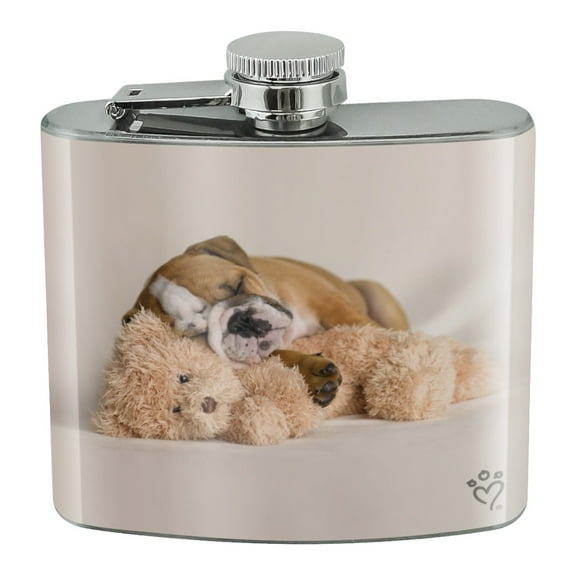 British Bulldog Puppy Dog Asleep with Teddy Bear Stainless Steel 5oz Hip Drink Kidney Flask