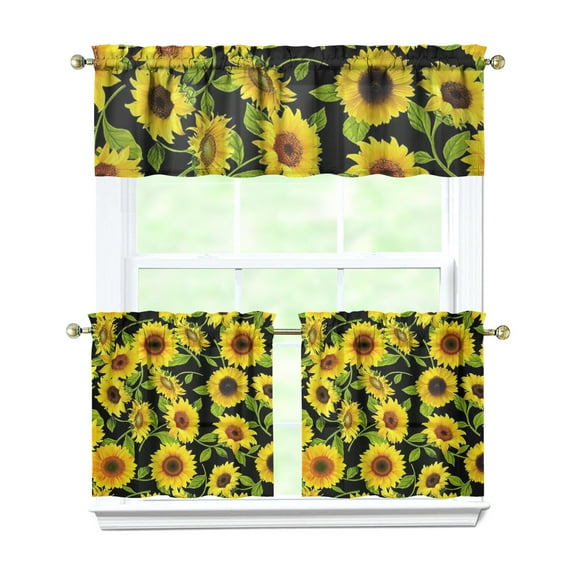 Sunflower & Butterfly Kitchen Curtains - 3 PCS Boho Floral Tier Set with Valance, Vintage Yellow Farmhouse Window Treatment, Rod Pocket Design
