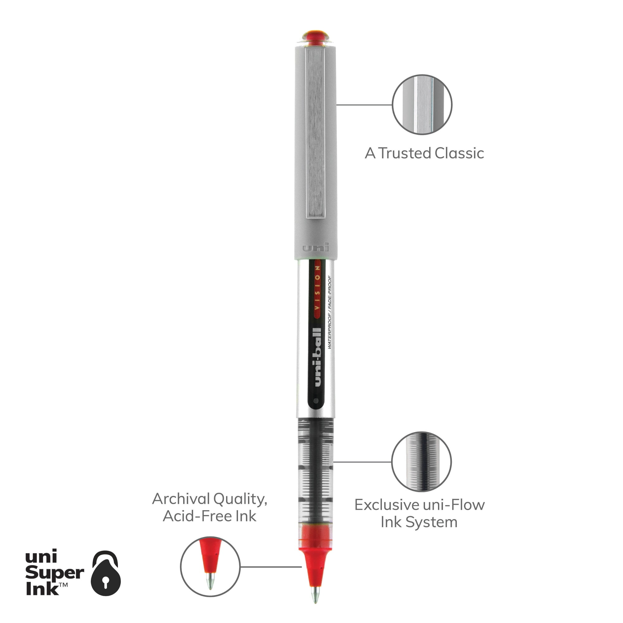 uniball Vision Rollerball Pens, Fine Point (0.7mm), Red Ink, 12 Count