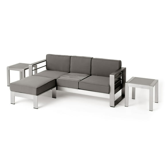 Bridget Outdoor 3 Seater Aluminum Sofa and Ottoman Set with Side Tables, Silver and Khaki